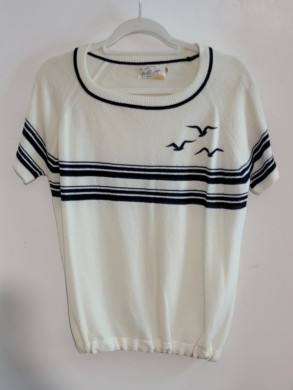 Vintage 70's White Short Sleeve Nautical Stripe Sweater with Bird Motif